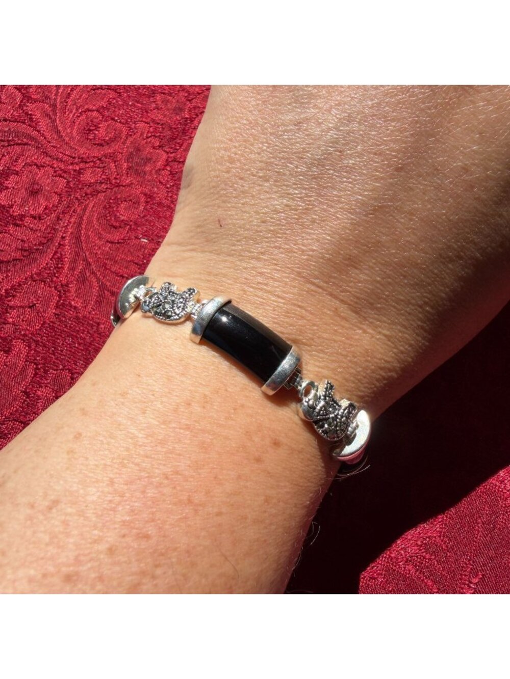Vintage 925 Sterling Silver Black Onyx Lucky Elephant Link Bracelet Marcasite